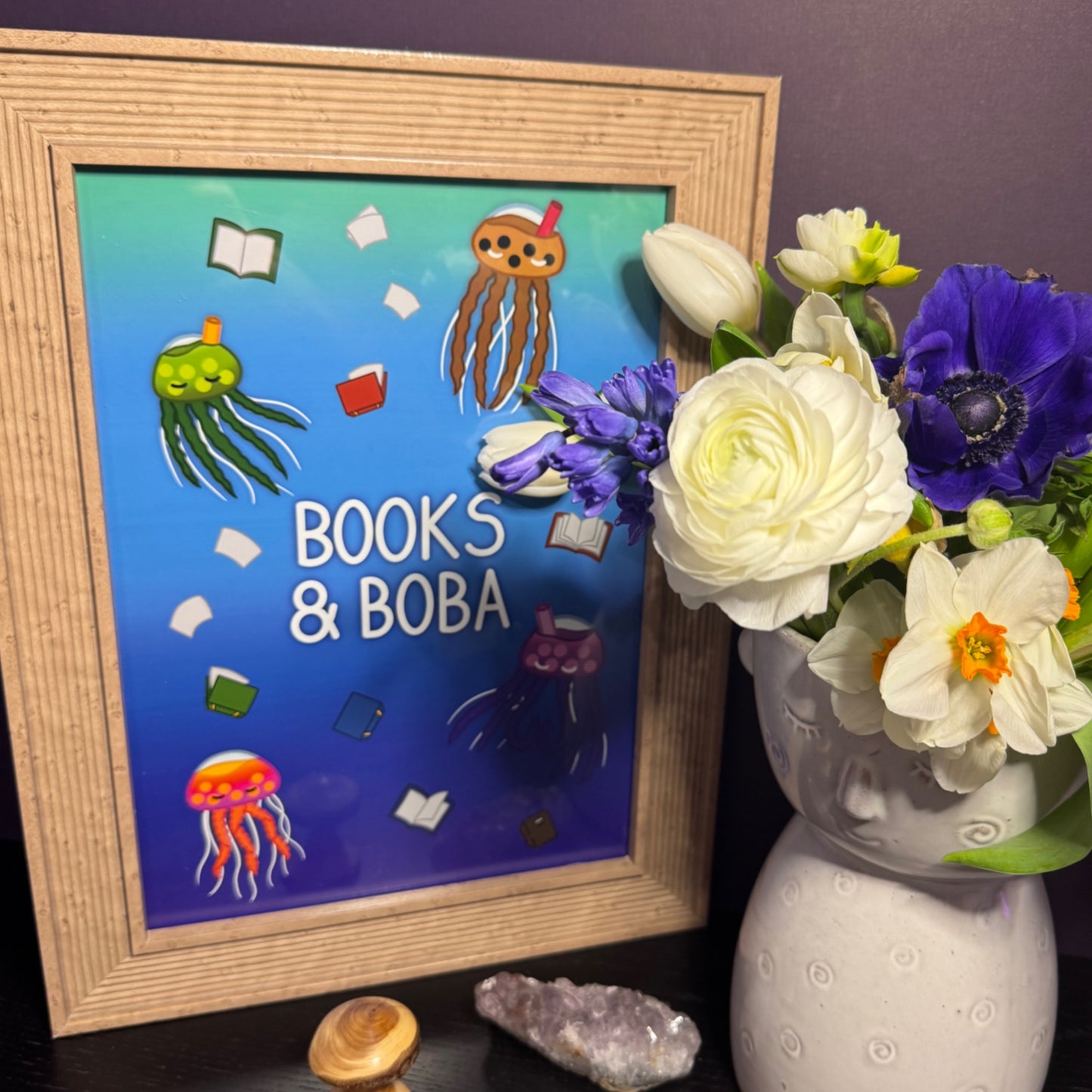 ‘Books & Boba’ Bubble Tea Jellyfish A4 Art Print Poster
