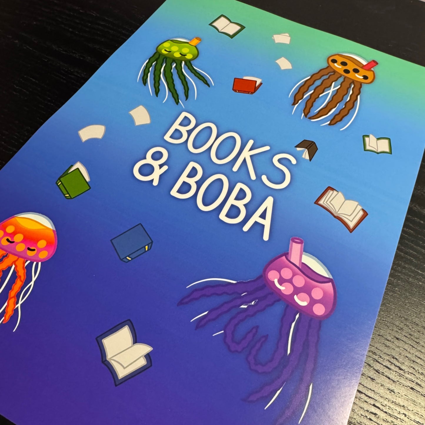 ‘Books & Boba’ Bubble Tea Jellyfish A4 Art Print Poster