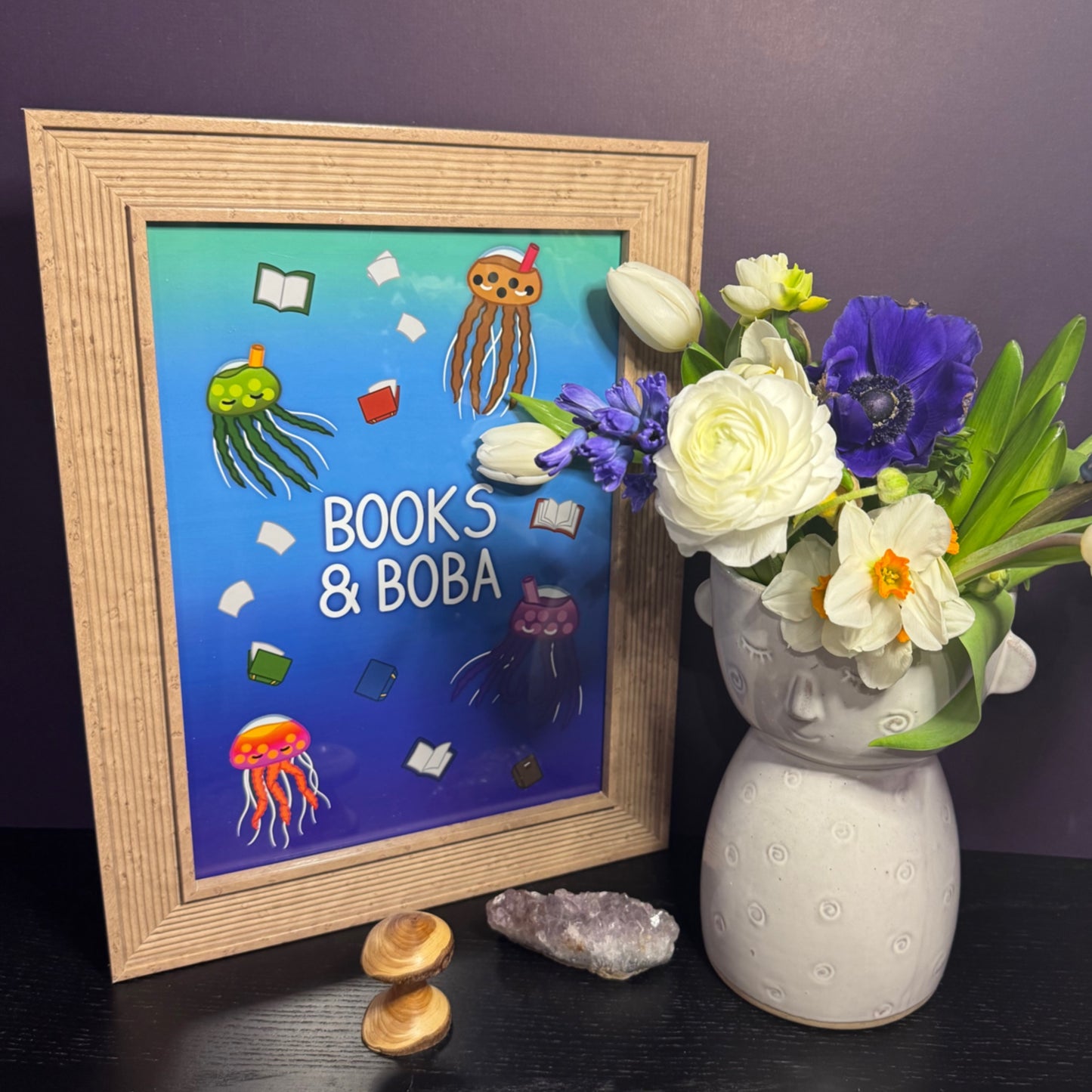 ‘Books & Boba’ Bubble Tea Jellyfish A4 Art Print Poster