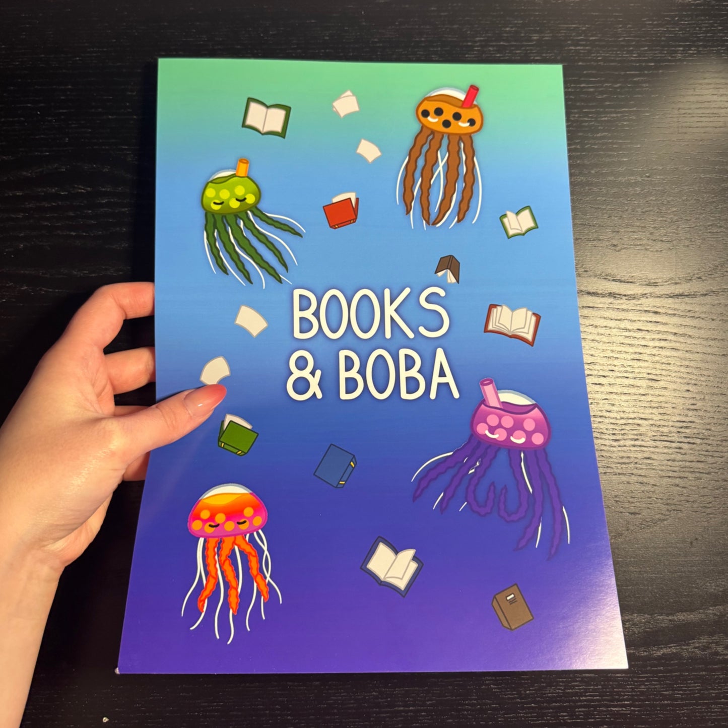 ‘Books & Boba’ Bubble Tea Jellyfish A4 Art Print Poster