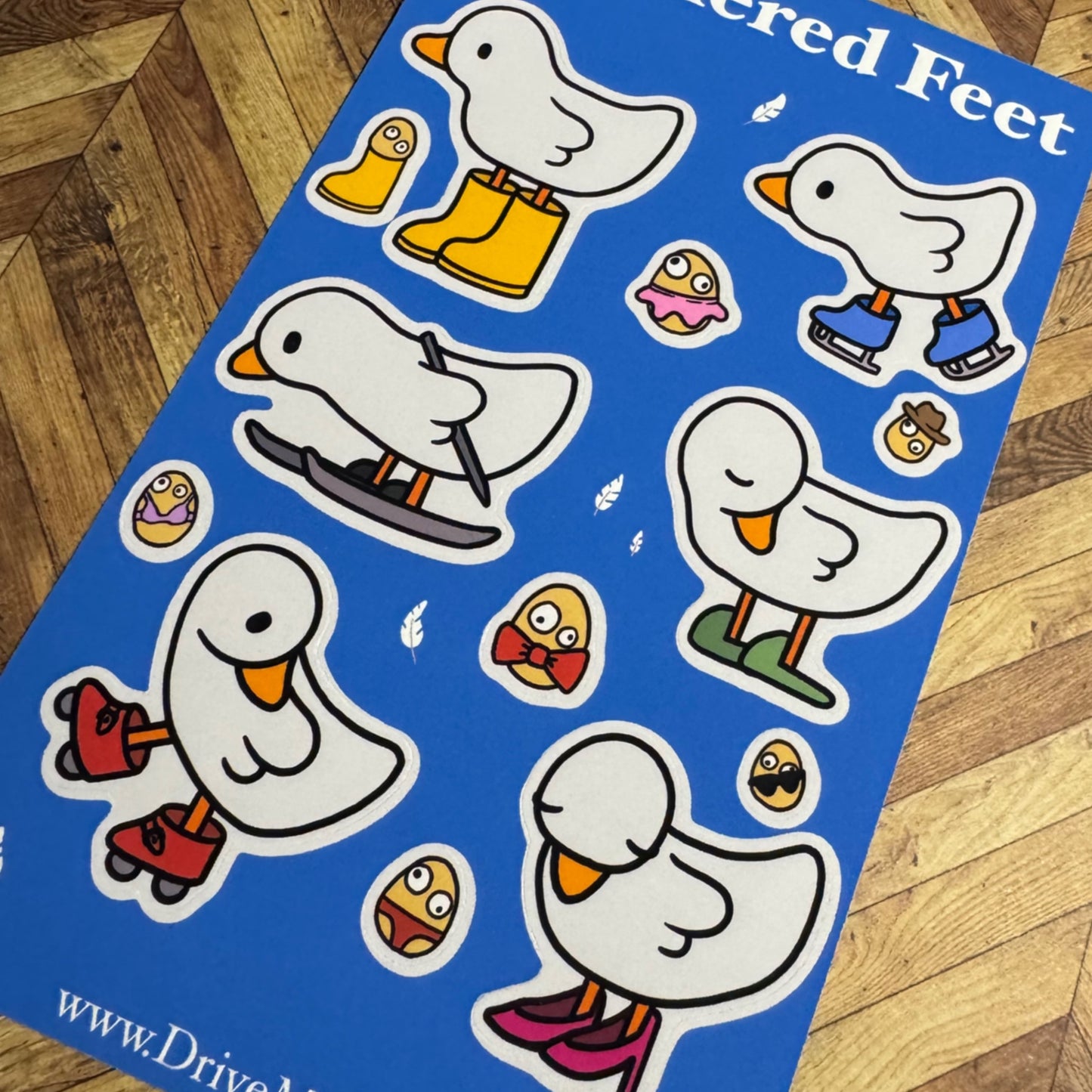 ‘Feathered Feet’ Cute Duck in Shoes matt vinyl sticker sheet