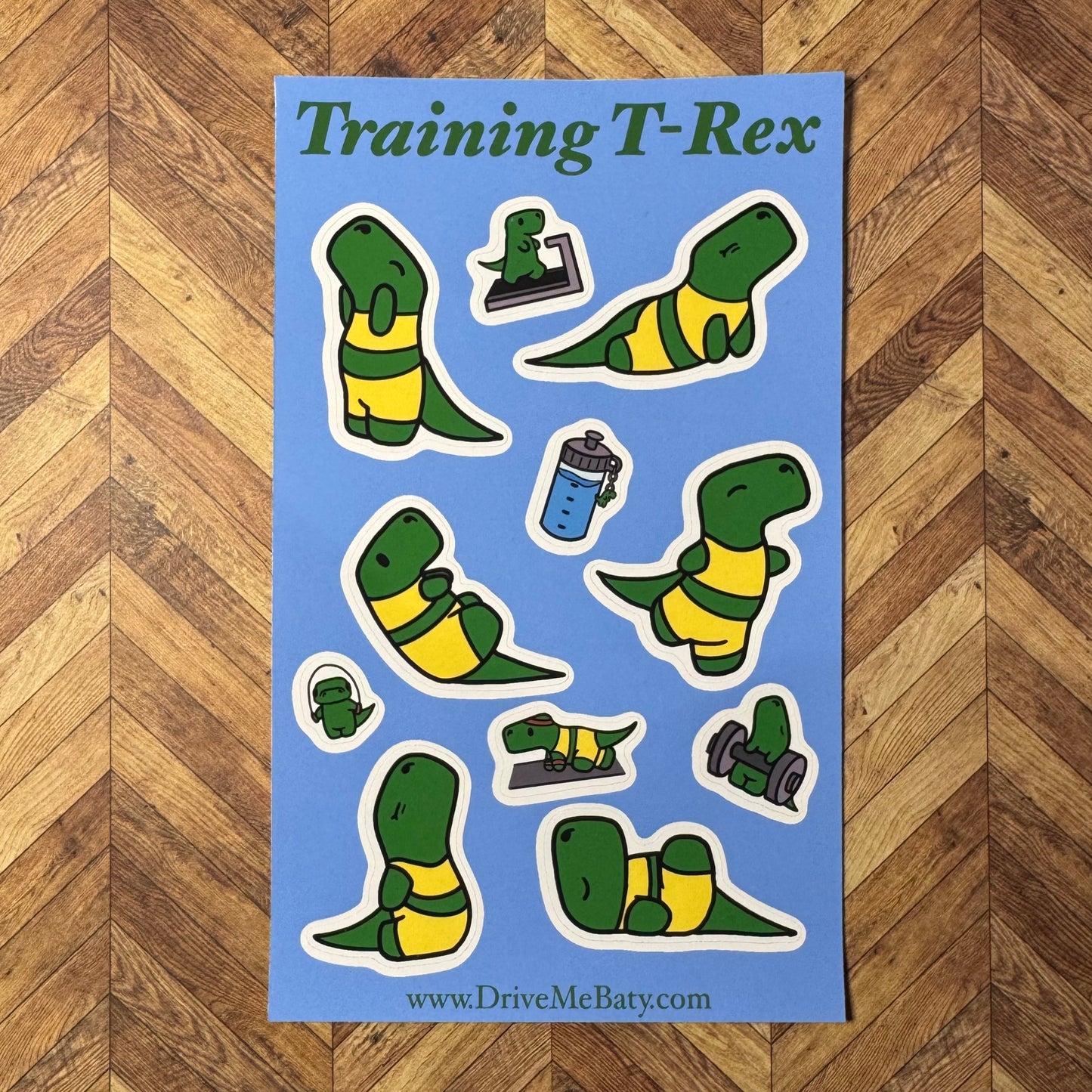 'Training T-Rex' Yoga Dinosaur, matt sticker sheet