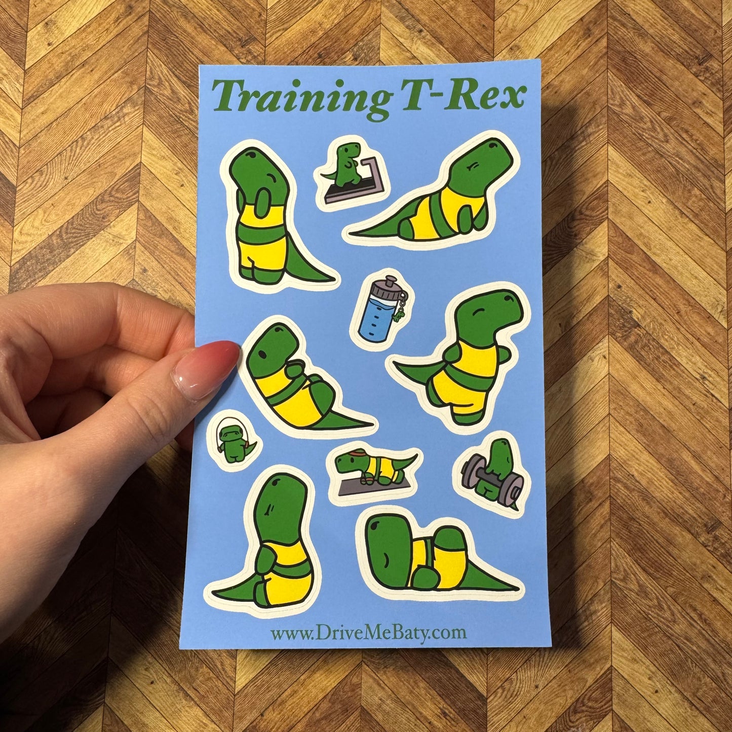 'Training T-Rex' Yoga Dinosaur, matt sticker sheet