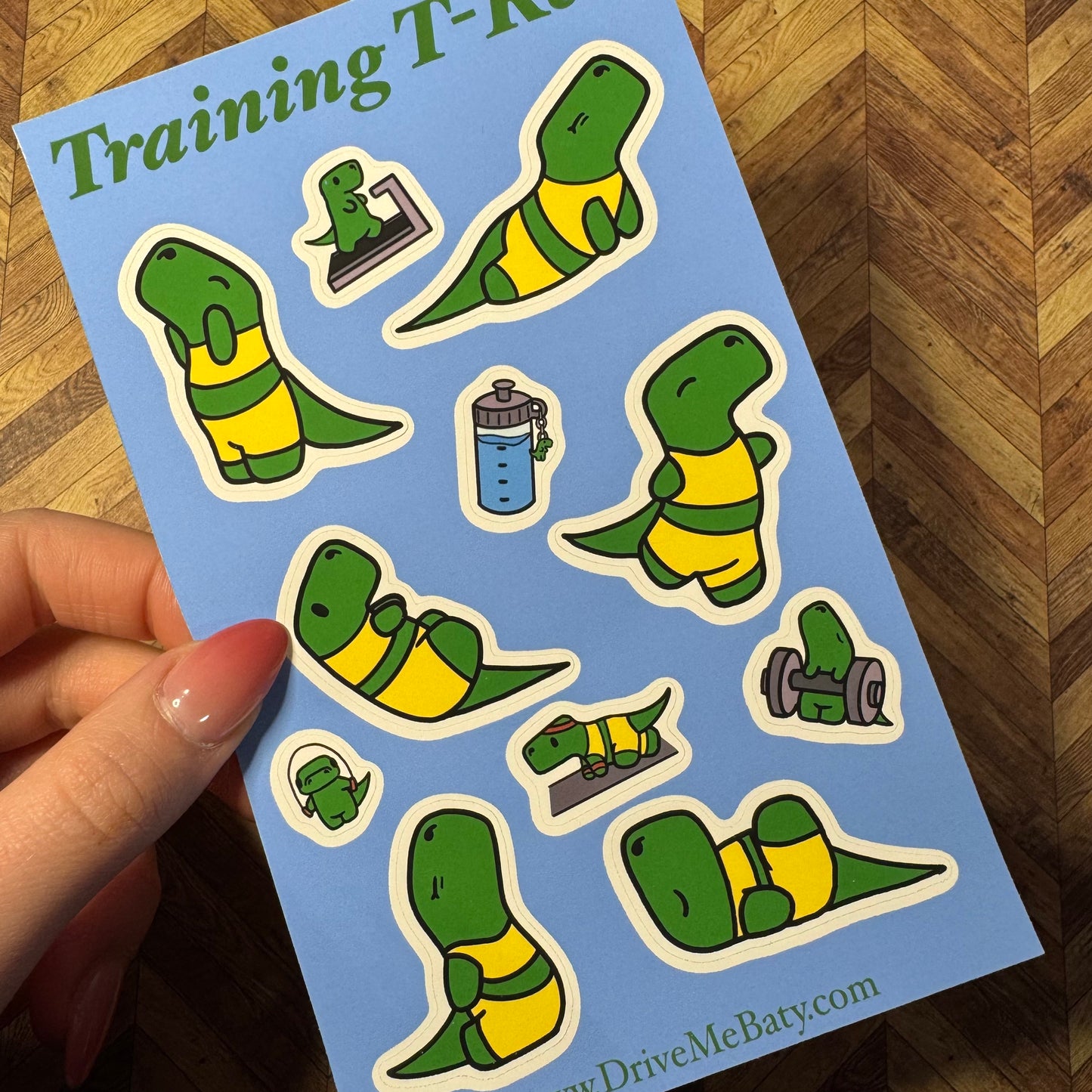 'Training T-Rex' Yoga Dinosaur, matt sticker sheet