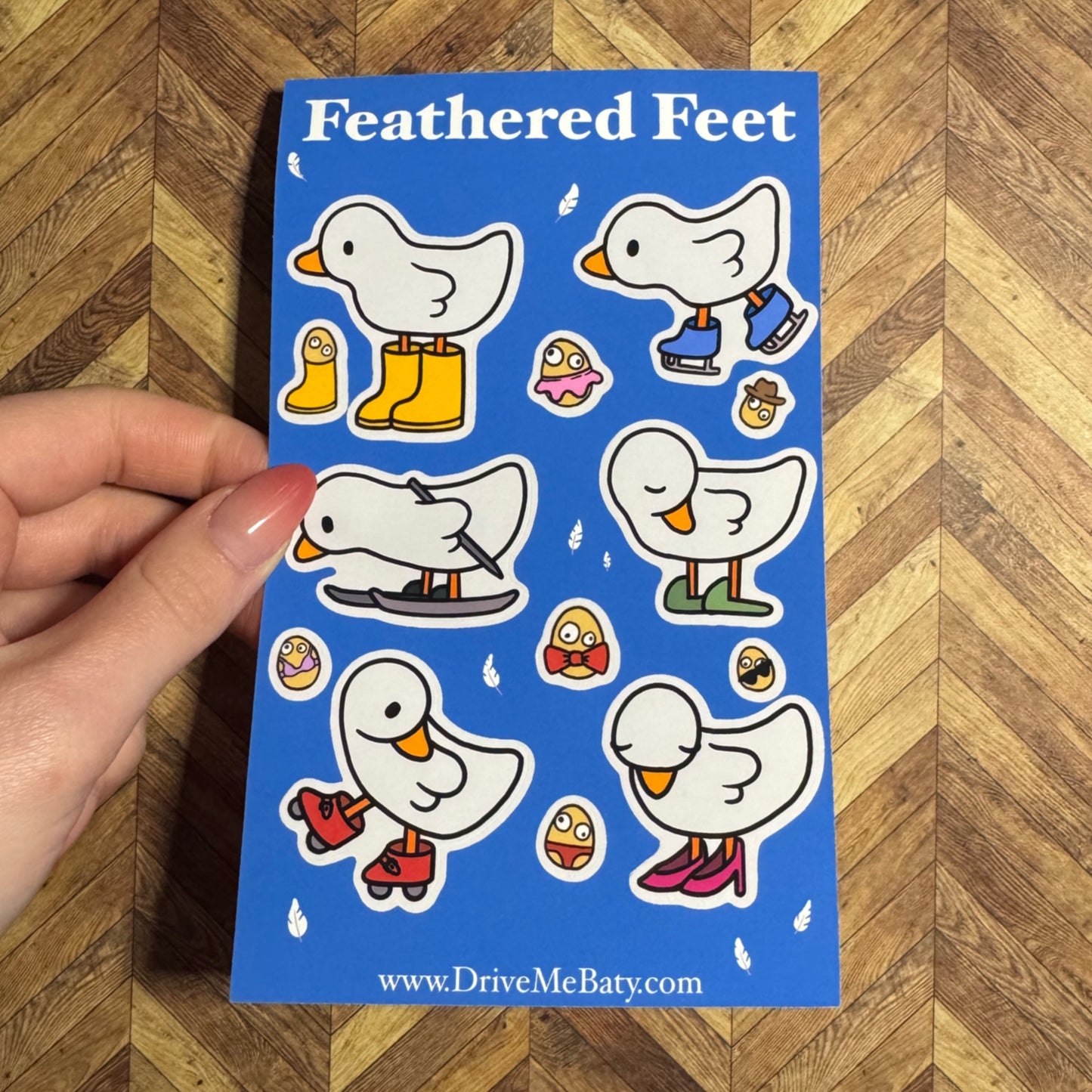 ‘Feathered Feet’ Cute Duck in Shoes matt vinyl sticker sheet